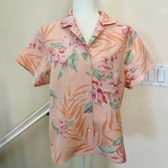 Women’s Tommy Bahama Button Down Silk Linen Shortsleeved Size L tropical floral - Picture 1 of 8